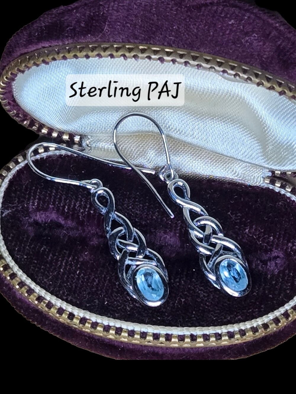 Vintage PAJ Sterling Silver Celtic Knot Light Blue CZ Dangle Earrings
